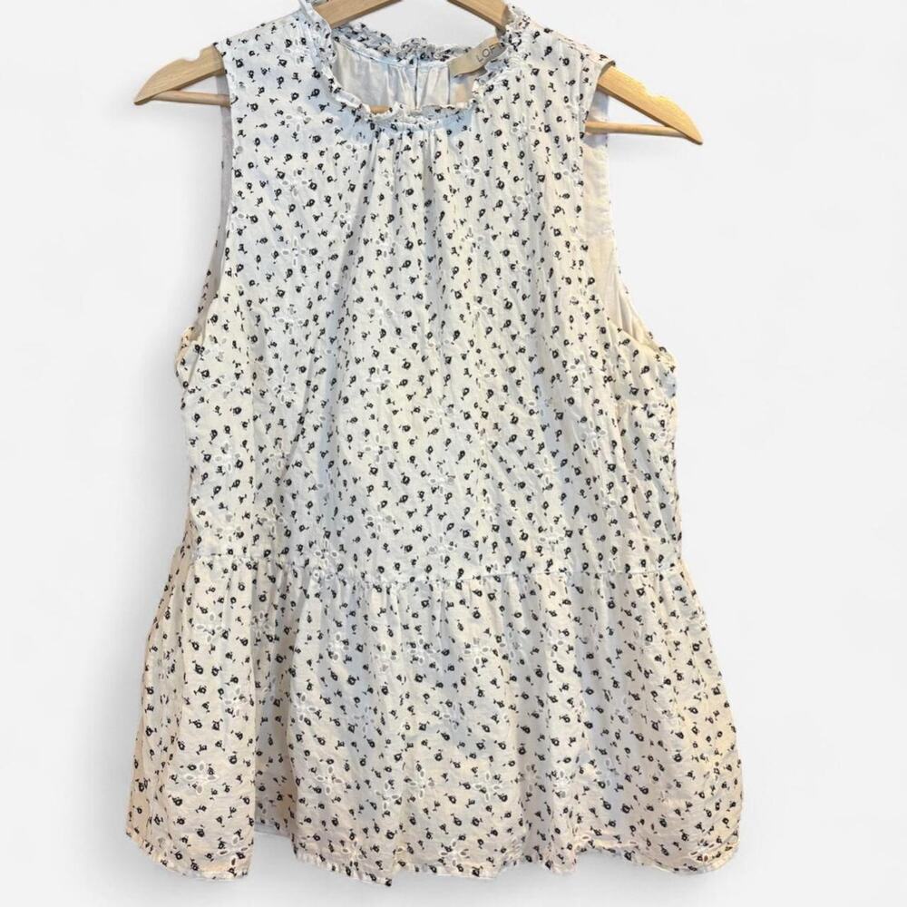 LOFT White 100% Cotton Floral Eyelet Ruffle Neck Peplum Tank Top - Size L